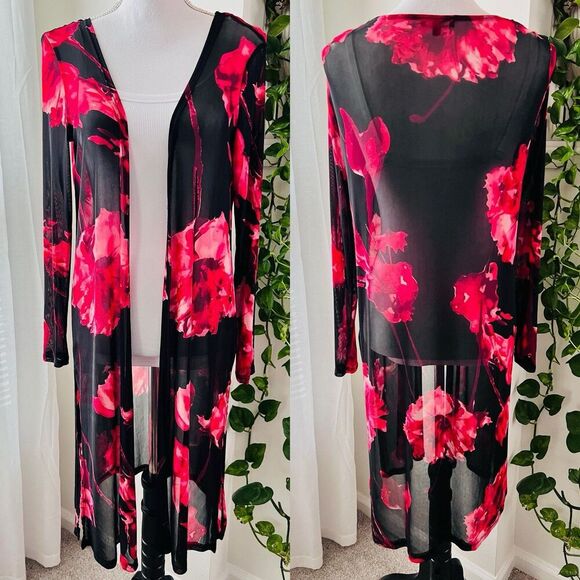 Iris Black & Red Rose Floral Sheer Lightweight Stretchy Duster Cardigan - Small - Picture 1 of 10
